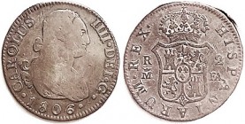 2 Reales, 1806 Madrid, VG/F, some minor imperfections mainly on rev, ltly toned, a decent bold coin. (A F/VF brought $46 + buyer fee, VL Nummus 10/16....