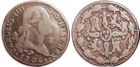 8 Maravedis, 1806, Segovia, VG-F, medium brown, a nice bold coin.
