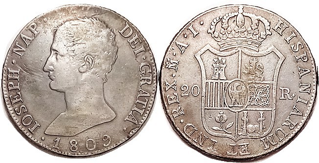 20 Reales, 1809, Madrid, Joseph Napoleon bust l./ crowned arms, F+, minor scr in...