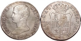 20 Reales, 1809, Madrid, Joseph Napoleon bust l./ crowned arms, F+, minor scr in obv left field, otherwise good metal with lt toning. Crown size. (A V...