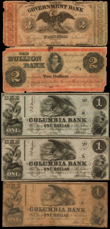 Lot of (5) Washington, District of Columbia Obsoletes. 1850s-60s. $1 & $2. Very ...