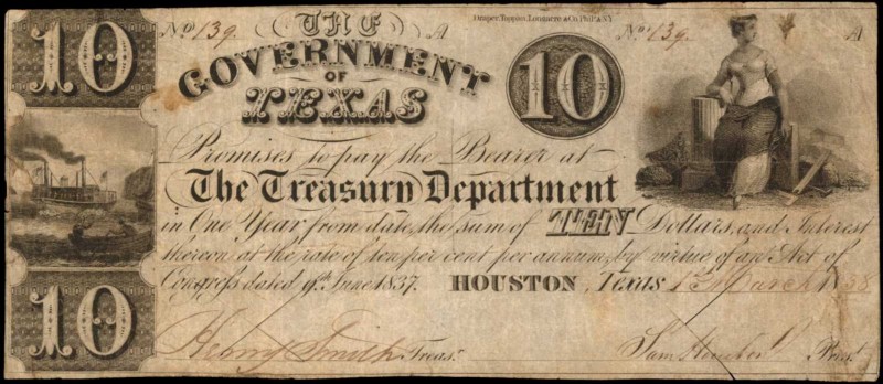 Houston, Texas. Government of Texas. 1838 $10. Fine.
This Lone Star State $10 h...