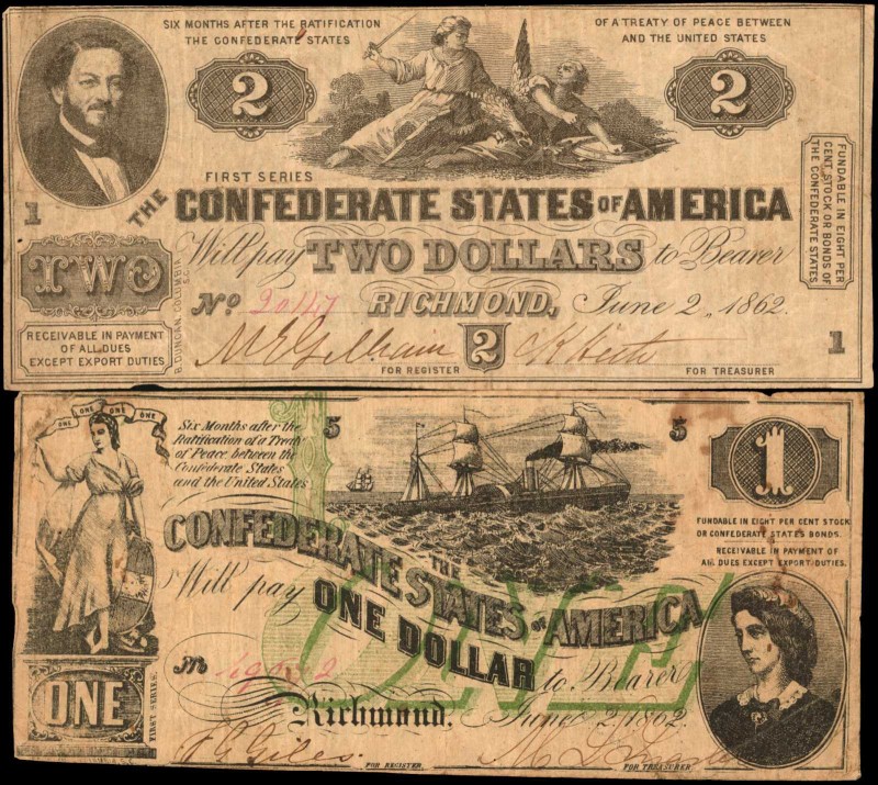 Lot of (2) T-42 & 45. Confederate Currency. 1862 $1 & $2. Fine to Very Fine.
A ...