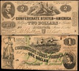 Lot of (2) T-42 & 45. Confederate Currency. 1862 $1 & $2. Fine to Very Fine.
A pairing of a Confederate $1 & $2. Stains, pinholes and holes are notic...