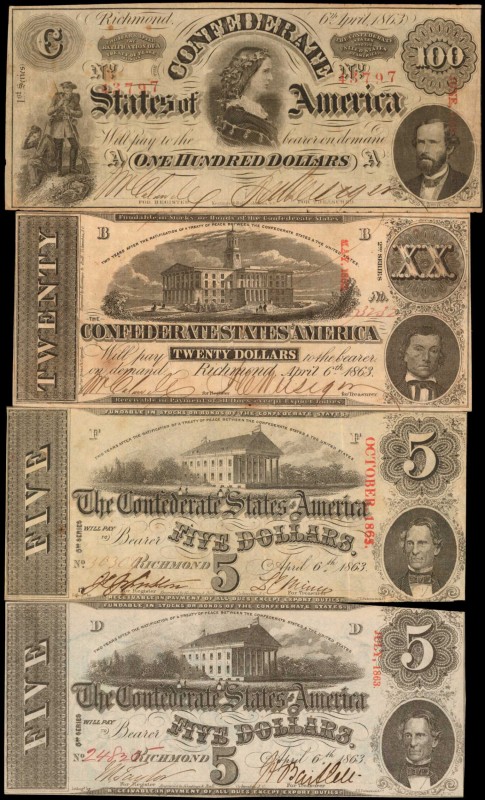 Lot of (4) T-56, 58 & 60. Confederate Currency. 1863 $5, $20 & $100. Very Fine t...