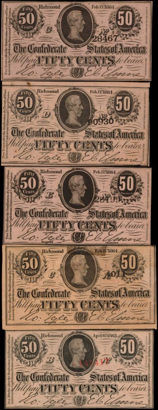 Lot of (5) T-63 & 72. Confederate Currency. 1863-64 50 Cents. Very Fine to Uncir...