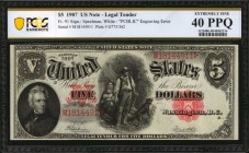 Fr. 91. 1907 Legal Tender Note. PCGS Banknote Extremely Fine 40 PPQ.
"PCBLIC" engraving error. A mid-grade example of this Woodchopper $5 which retai...