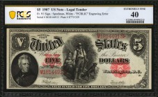 Fr. 91. 1907 $5 Legal Tender Note. PCGS Banknote Extremely Fine 40.
"PCBLIC" engraving error. PCGS Banknote comments "Minor Rust."
Estimate: $200.00...