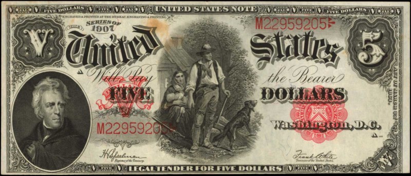 Fr. 91. 1907 $5 Legal Tender Note. Choice Very Fine.
Just a stain to mention on...