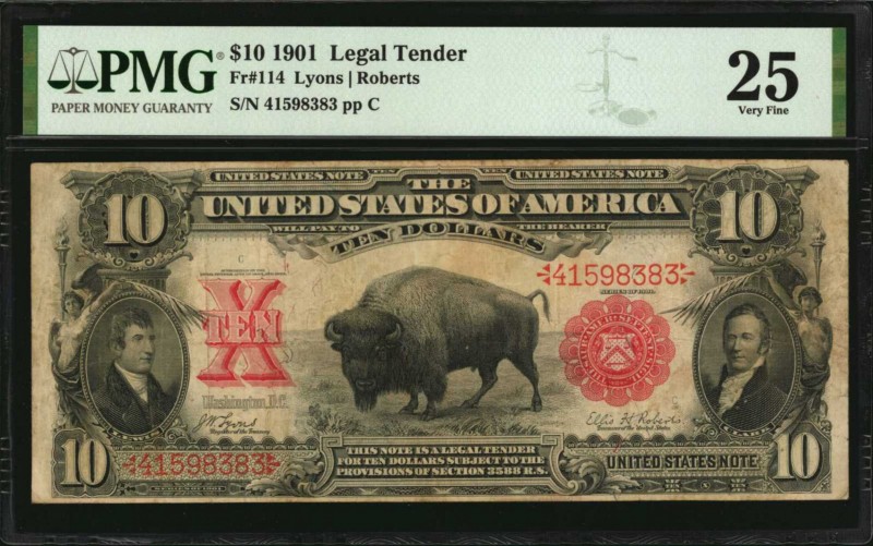 Fr. 114. 1901 $10 Legal Tender Note. PMG Very Fine 25.
This popular $10 Bison L...