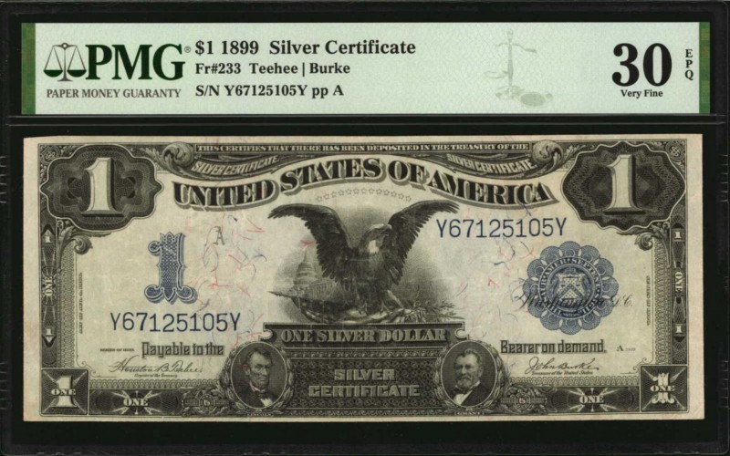 Fr. 233. 1899 $1 Silver Certificate. PMG Very Fine 30 EPQ.
This Black Eagle Sil...