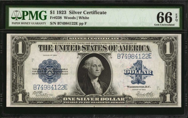 Fr. 238. 1923 $1 Silver Certificate. PMG Gem Uncirculated 66 EPQ.
Dark blue ove...