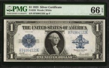 Fr. 238. 1923 $1 Silver Certificate. PMG Gem Uncirculated 66 EPQ.
Dark blue overprints and bright paper stand out on this Gem Silver Certificate.
Es...
