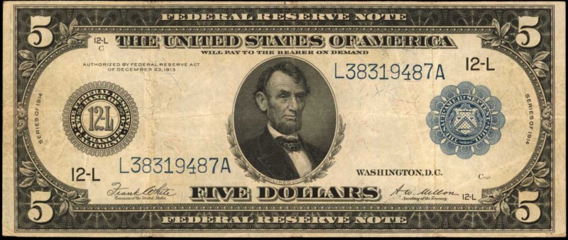 Fr. 891A. 1914 $5 Federal Reserve Note. San Francisco. Very Fine.
A Very Fine e...