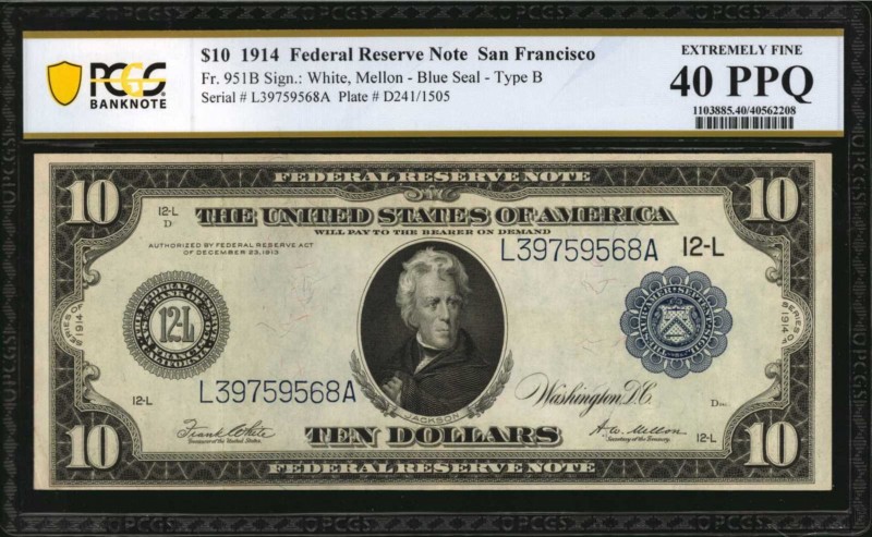 Fr. 951B. 1914 $10 Federal Reserve Note. San Francisco. PCGS Banknote Extremely ...