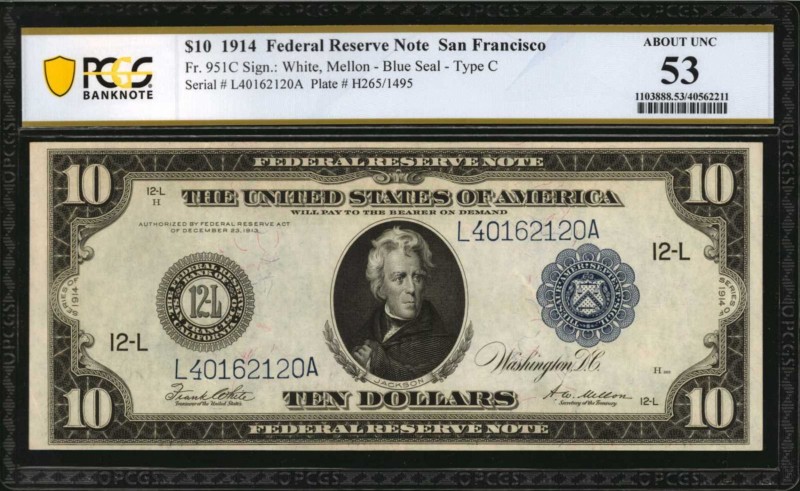 Fr. 951C. 1914 $10 Federal Reserve Note. San Francisco. PCGS Banknote About Unci...