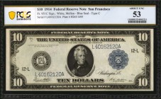Fr. 951C. 1914 $10 Federal Reserve Note. San Francisco. PCGS Banknote About Uncirculated 53.
Bright paper stands out on this About Uncirculated San F...