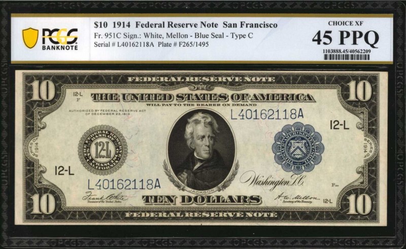 Fr. 951C. 1914 $10 Federal Reserve Note. San Francisco. PCGS Banknote Choice Ext...