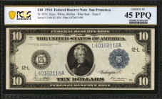 Fr. 951C. 1914 $10 Federal Reserve Note. San Francisco. PCGS Banknote Choice Extremely Fine 45 PPQ.
A mid-grade example of this 1914 $10, which displ...