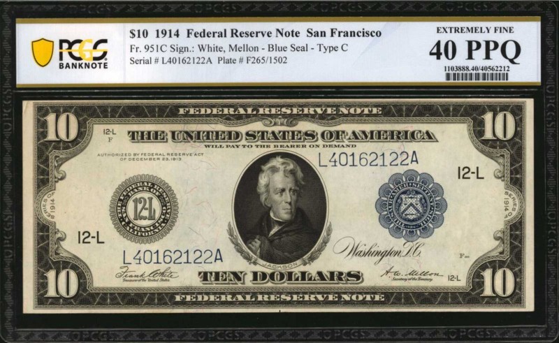 Fr. 951C. 1914 $10 Federal Reserve Note. San Francisco. PCGS Banknote Extremely ...