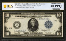 Fr. 951C. 1914 $10 Federal Reserve Note. San Francisco. PCGS Banknote Extremely Fine 40 PPQ.
A mid-grade example of this San Francisco district $10, ...