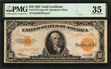 Fr. 1173. 1922 $10 Gold Certificate. PMG Choice Very Fine 35.
Large serial number variety. Found in an attractive mid-grade.
Estimate: $200.00- $300...