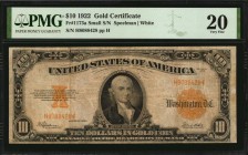Fr. 1173a. 1922 $10 Gold Certificate. PMG Very Fine 20.
Small serial number variety. PMG comments "Tear Repairs."
Estimate: $150.00- $250.00