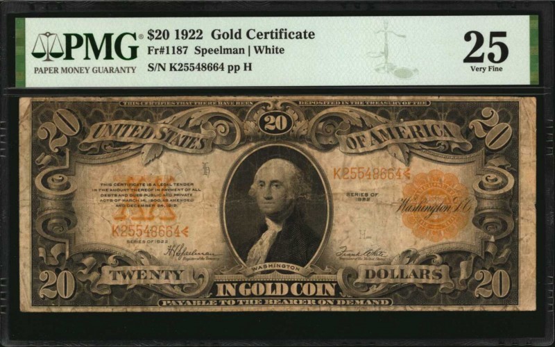 Fr. 1187. 1922 $20 Gold Certificate. PMG Very Fine 25.
A Very Fine example of t...