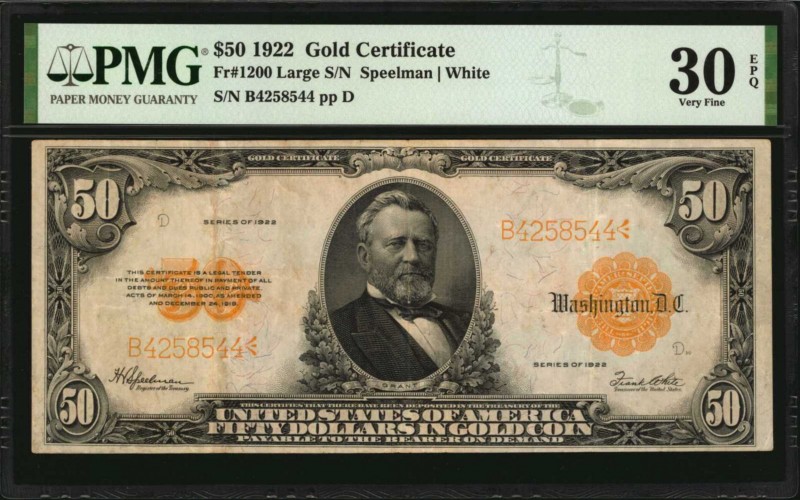 Fr. 1200. 1922 $50 Gold Certificate. PMG Very Fine 30 EPQ.
Large serial number ...