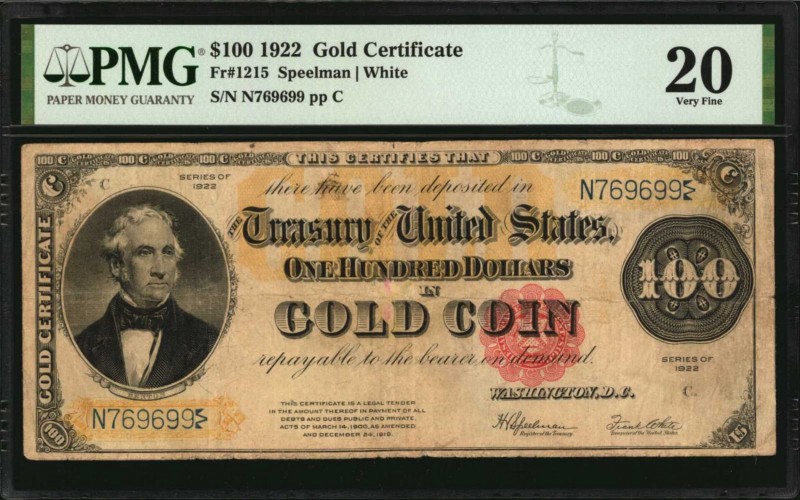 Fr. 1215. 1922 $100 Gold Certificate. PMG Very Fine 20.
A Very Fine example of ...