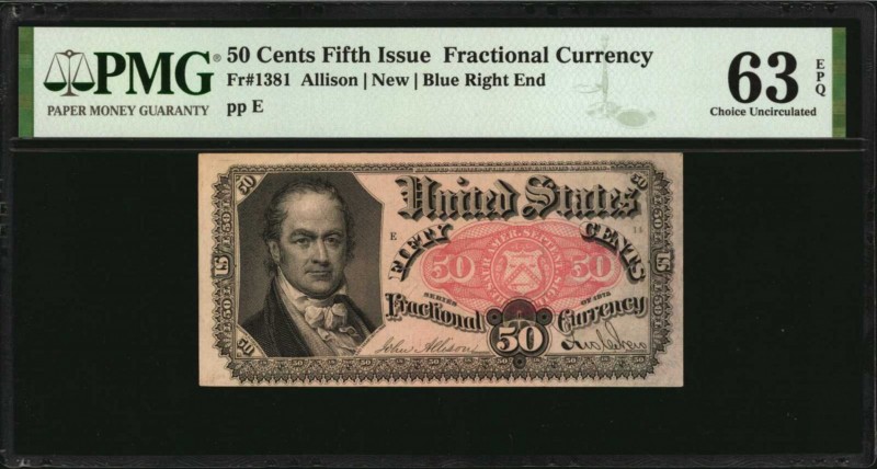 Fr. 1381. 50 Cent. Fifth Issue. PMG Choice Uncirculated 63 EPQ.
Blue right end....