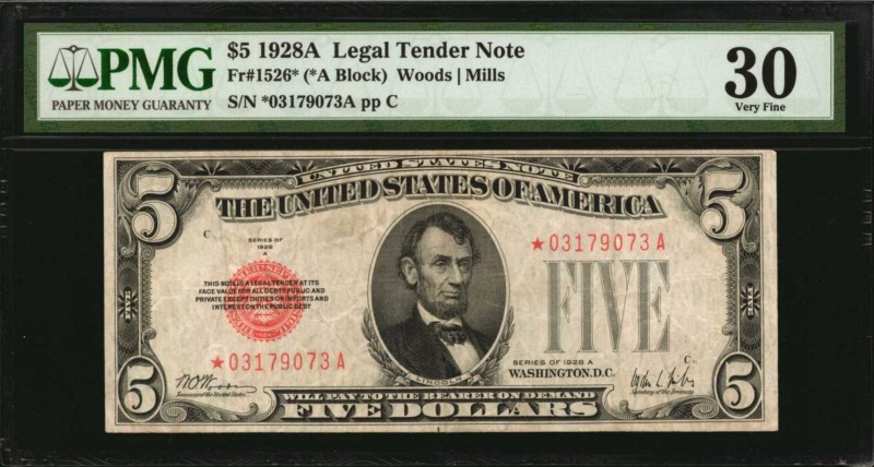 Fr. 1526*. 1928A $5 Legal Tender Star Note. PMG Very Fine 30.
A key star to the...