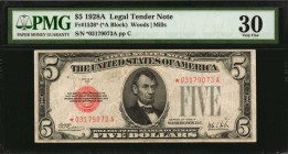 Fr. 1526*. 1928A $5 Legal Tender Star Note. PMG Very Fine 30.
A key star to the 1928 $5 Legal Tender Series. This note is found in a Very Fine grade ...