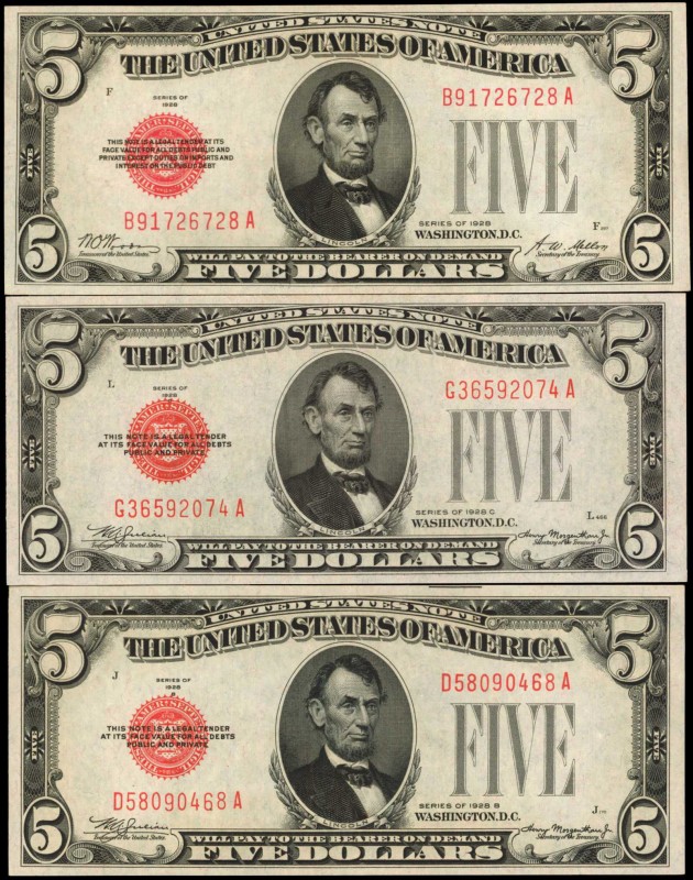 Lot of (3) Fr. 1525, 1527 & 1528. 1928, 1928B & 1928C $5 Legal Tender Notes. Ext...