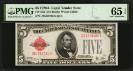 Fr. 1526. 1928A $5 Legal Tender Note. PMG Gem Uncirculated 65 EPQ.
An impressive Gem offering of this $5 Legal Tender Note, which displays good embos...