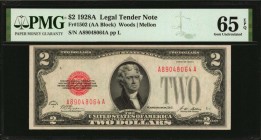 Fr. 1502. 1928A $2 Legal Tender Note. PMG Gem Uncirculated 65 EPQ.
A bold design stands out on bright paper along with dark red overprints on this Ge...