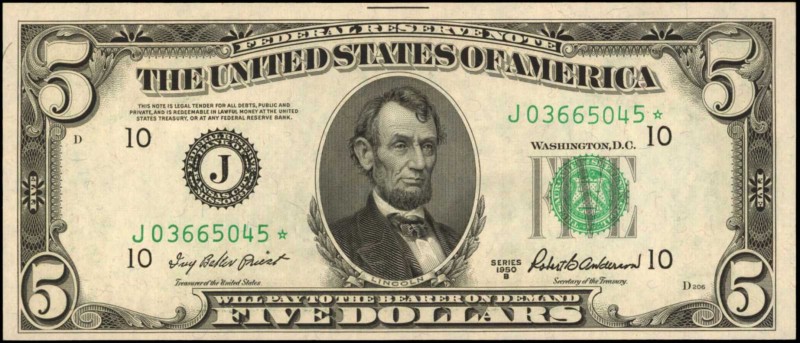 Fr. 1963-J*. 1950B $5 Federal Reserve Star Note. Kansas City. Choice About Uncir...