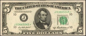 Fr. 1963-J*. 1950B $5 Federal Reserve Star Note. Kansas City. Choice About Uncirculated.
An attractive example of this $5 replacement from the Kansas...