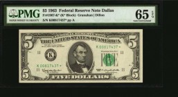 Fr. 1967-K*. 1963 $5 Federal Reserve Star Note. Dallas. PMG Gem Uncirculated 65 EPQ.
Bright paper and vivid ink are seen on this $5 Dallas replacemen...