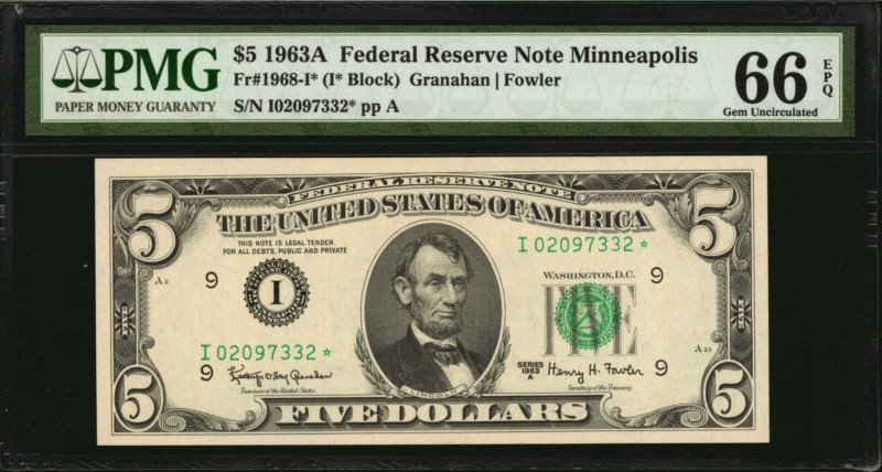 Fr. 1968-I*. 1963A $5 Federal Reserve Star Note. Minneapolis. PMG Gem Uncirculat...