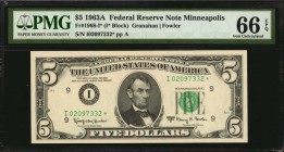 Fr. 1968-I*. 1963A $5 Federal Reserve Star Note. Minneapolis. PMG Gem Uncirculated 66 EPQ.
This replacement $5 from the Minneapolis district displays...