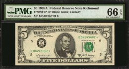 Fr. 1970-E*. 1969A $5 Federal Reserve Star Note. Richmond. PMG Gem Uncirculated 66 EPQ.
Bright paper, wide margins and vivid ink add to the appeal of...