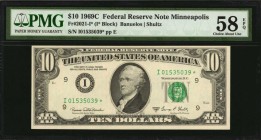 Fr. 2021-I*. 1969C $10 Federal Reserve Star Note. Minneapolis. PMG Choice About Uncirculated 58 EPQ.
A $10 replacement note from the 1969C series, wh...