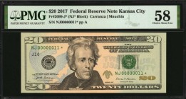 Fr. 2099-J*. 2017 $20 Federal Reserve Star Note. Kansas City. PMG Choice About Uncirculated 58. Low Serial Number.
A low serial number of "NJ00000011...
