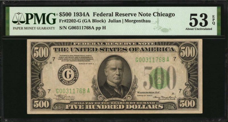Fr. 2202-G. 1934A $500 Federal Reserve Note. Chicago. PMG About Uncirculated 53 ...