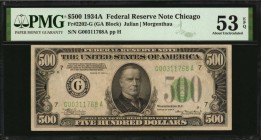 Fr. 2202-G. 1934A $500 Federal Reserve Note. Chicago. PMG About Uncirculated 53 EPQ.
PMG's coveted EPQ designation is found on this About Uncirculate...