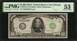 Fr. 2212-G. 1934A $1000 Federal Reserve Note. Chicago. PMG About Uncirculated 53.
A highly appealing example of this Chicago high denomination note, ...