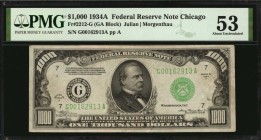 Fr. 2212-G. 1934A $1000 Federal Reserve Note. Chicago. PMG About Uncirculated 53.
Dark green overprints, a bold design and wide margins add to the ap...
