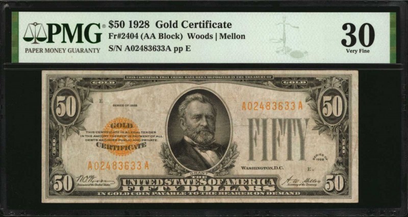 Fr. 2404. 1928 $50 Gold Certificate. PMG Very Fine 30.
A Very Fine example of t...