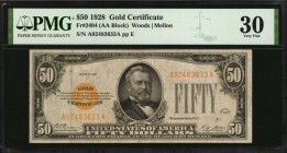 Fr. 2404. 1928 $50 Gold Certificate. PMG Very Fine 30.
A Very Fine example of this $50 Gold Certificate, which retains dark gold overprints and deepl...